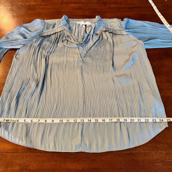 Reiss Blouse Sz 2 Satin Pleated Flowy V-neck Long Sleeve Teal Blue NWOT - Picture 7 of 8